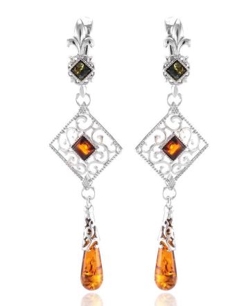 Silver Dangle Earrings With Multicolor Amber The Arabesque, image 