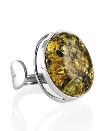 Stylish Silver Adjustable Ring With Green Amber The Glow, Ring Size: Adjustable, image 