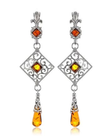 Sterling Silver Dangle Earrings With Cognac Amber The Arabesque, image 