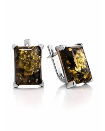 Silver Earrings With Square Green Amber Stone The Rectangle, image 