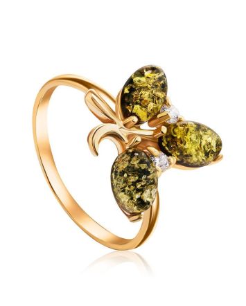 Gold-Plated Ring With Green Amber With Crystals The Verbena, Ring Size: 11.5 / 21, image 