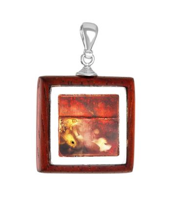 Square Wooden Pendant With Cognac Amber The Indonesia, image 