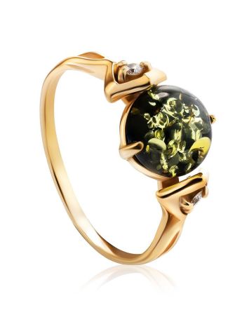 Green Amber Ring In Gold-Plated Silver With Crystals The Sambia, Ring Size: 11.5 / 21, image 