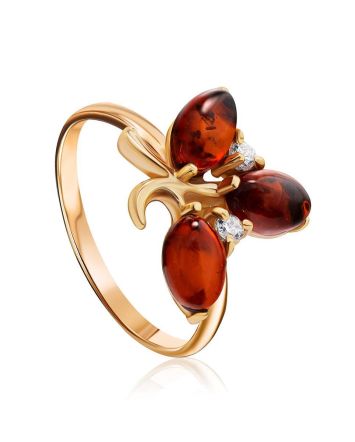 Refined Gold-Plated Ring With Cognac Amber And Crystals The Verbena, Ring Size: 11.5 / 21, image 