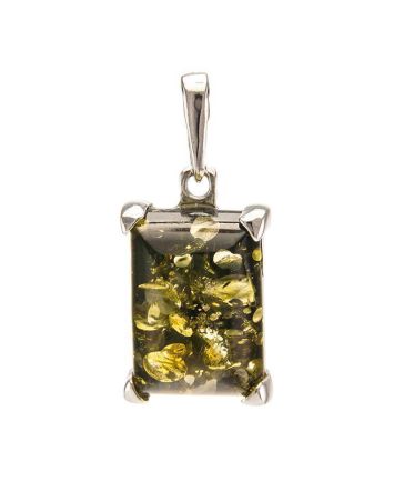 Silver Pendant With Square Green Amber Stone The Rectangle, image 