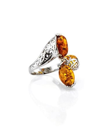 Sterling Silver Ring With Cognac Amber  And Dangle Bead The Casablanca, Ring Size: 11.5 / 21, image 