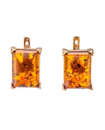 Gold-Plated Silver Earrings With Square Cognac Amber Stone The Rectangle, image 