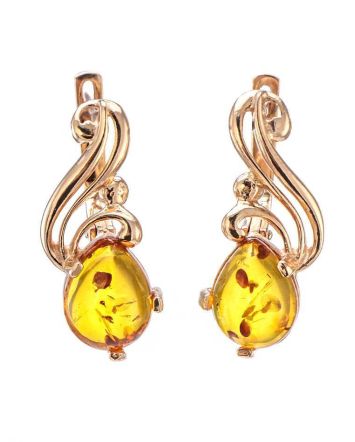 Refined Golden Earrings With Cognac Amber The Swan, image 