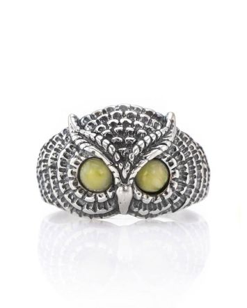 Cute Silver Ring With Honey Amber The Owl, Ring Size: 6.5 / 17, image 