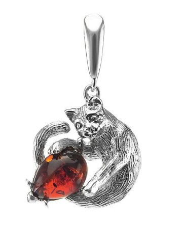 Cute And Fabulous Sterling Silver Pendant With Cognac Amber The Cats, image 