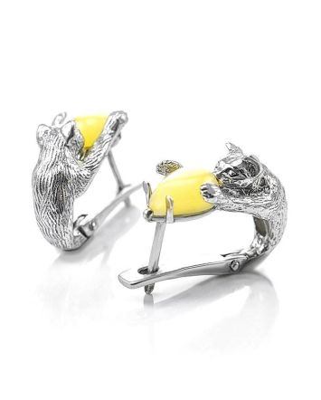 Cute And Fabulous Sterling SilverEarrings With Honey Amber The Cats Collection, image 