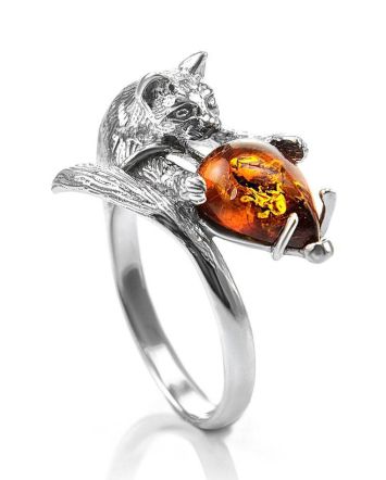 Cute And Fabulous Sterling Silver Ring With Cognac Amber The Cats, Ring Size: 8 / 18, image 