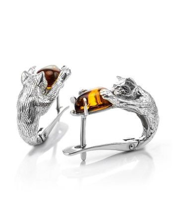 Cute And Fabulous Sterling Silver Earrings With Cognac Amber The Cats, image 