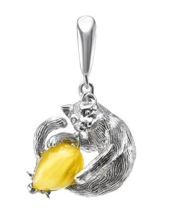 Cute And Fabulous Sterling Silver Pendant With Honey Amber The Cats, image 