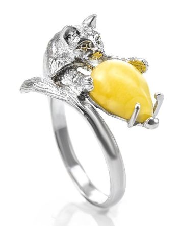 Cute And Fabulous Sterling Silver Ring With Honey Amber The Cats, Ring Size: 9.5 / 19.5, image 