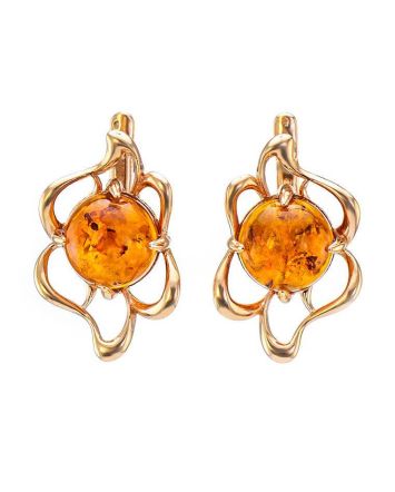 Bright Gold-Plated Earrings With Cognac Amber The Daisy, image 