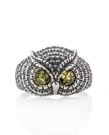 Stylish Animalistic Silver Ring With Green Amber The Owl, Ring Size: 9 / 19, image 