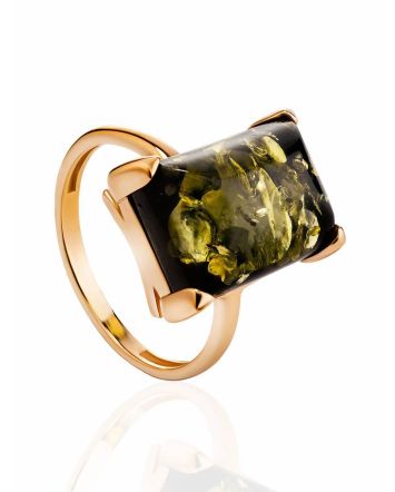 Gold-Plated Silver Ring With Square Green Amber Stone The Rectangle​, Ring Size: 6 / 16.5, image 