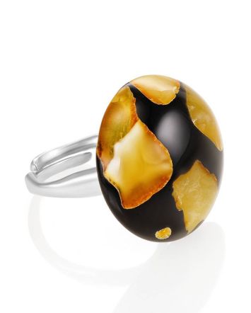 Honey Amber Open Ring With Dark Polymer The Dalmatian, Ring Size: Adjustable, image 