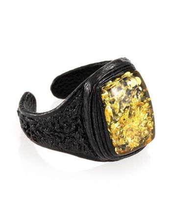 Leather Open Ring With Green Amber The Nefertiti, Ring Size: Adjustable, image 