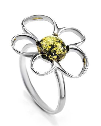 Filigree Silver Ring With Green Amber The Daisy, Ring Size: 12 / 21.5, image 