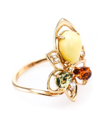 Striking Multicolor Amber Ring In Gold With Crystals The Edelweiss, Ring Size: 9 / 19, image 