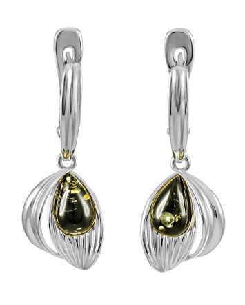 Bright Silver Drop Earrings With Green Amber The Bee, image 