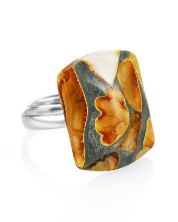 Multicolor Adjustable Ring With Honey Amber And Jewelry Polymer The Dalmatian, Ring Size: Adjustable, image 