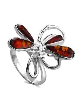 Stylish Sterling Silver Ring With Cognac Amber The Dragonfly, Ring Size: 8.5 / 18.5, image 