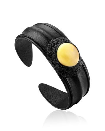 Dark Leather Cuff Bracelet With White Amber The Nefertiti, image 