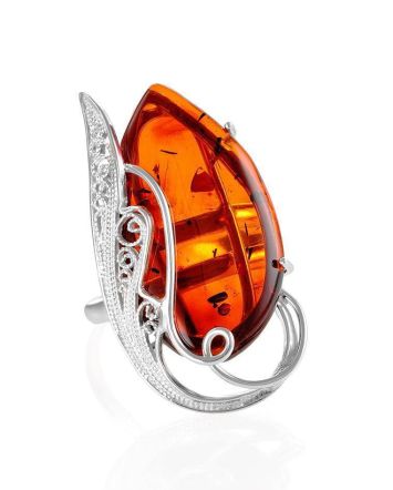 Bold Handcrafted Amber Ring In Sterling Silver The Dew, Ring Size: Adjustable, image 