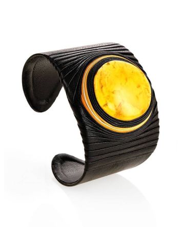 Dark Leather Cuff Bracelet With White Amber The Nefertiti, image 