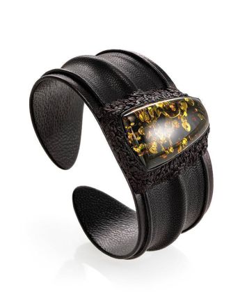 Leather Cuff Bracelet With Green Amber The Nefertiti, image 