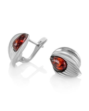 Bright Silver Earrings With Cherry Amber The Bee, image 