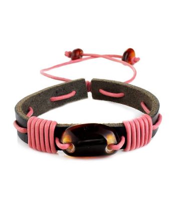 Leather Bracelet With Cognac Amber And Pink Cord The Copacabana, image 
