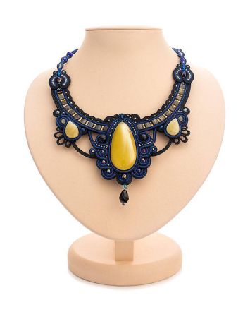 Blue Textile Braided Necklace With Honey Amber And Crystals The India, image 