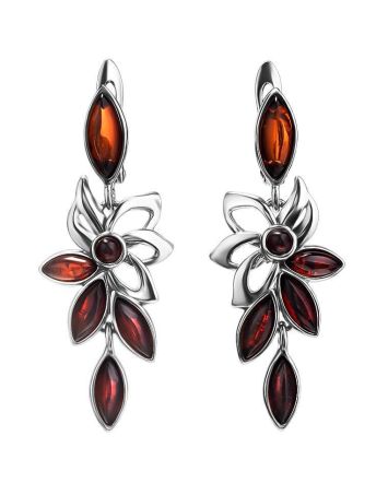 Floral Silver Earrings With Bright Cherry Amber The Verbena, image 