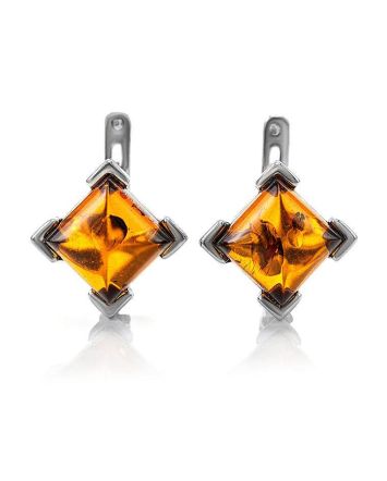 Square Silver Earrings With Cognac Amber The Artemis, image 