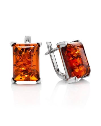 Silver Earrings With Square Cognac Amber Stone The Rectangle, image 