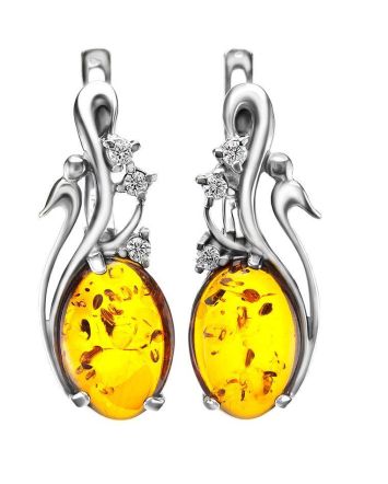 Cognac Amber Earrings In Sterling Silver With Crystals The Swan, image 