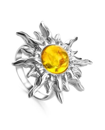 Sun Shaped Silver Ring With Lemon Amber The Helios, Ring Size: 7 / 17.5, image 