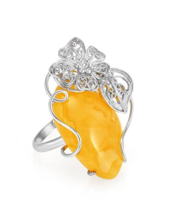 Charming Handmade Honey Amber Ring In Sterling Silver The Dew, Ring Size: Adjustable, image 