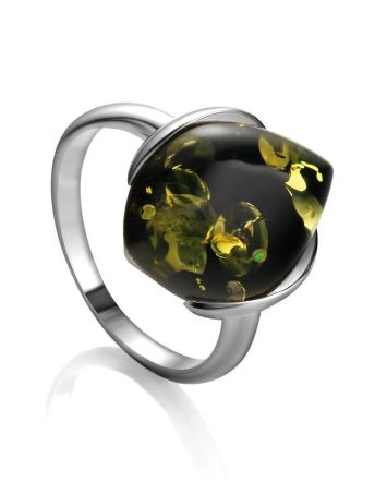 Green Amber Ring In Sterling Silver The Cat's Eye, Ring Size: 10 / 20, image 