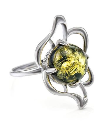 Sterling Silver Ring With Luminous Green Amber The Daisy, Ring Size: 13 / 22, image 