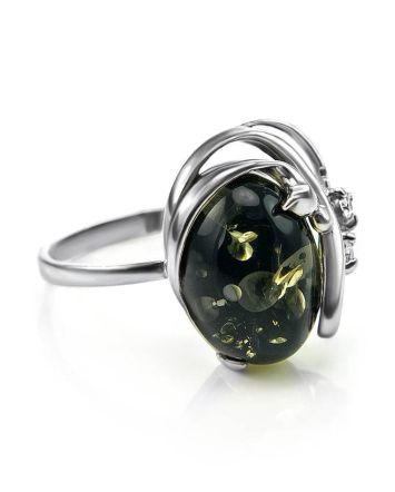 Green Amber Ring In Sterling Silver With Crystals The Swan, Ring Size: 13 / 22, image 