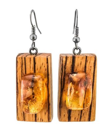 Handmade Zebrano Wood Earrings With Lemon Amber The Indonesia, image 