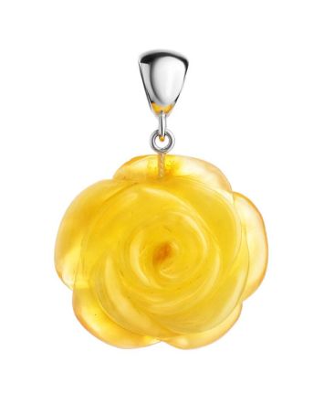Carved Flower Amber Pendant in Sterling Silver The Rose, image 
