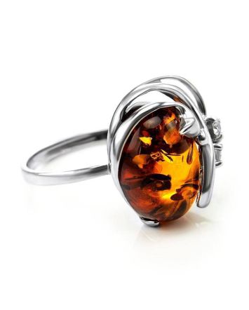 Cognac Amber Ring In Sterling Silver With Crystals The Swan, Ring Size: 12 / 21.5, image 