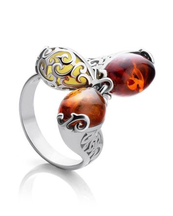 Multicolor Amber Ring In Sterling Silver With Dangle Bead The Casablanca, Ring Size: 13 / 22, image 
