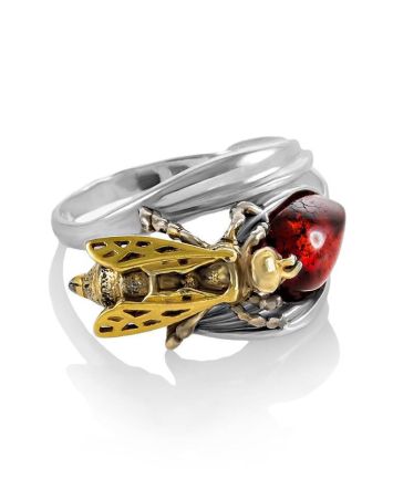 Sterling Silver Ring With Cherry Amber The Bee, Ring Size: 10 / 20, image 